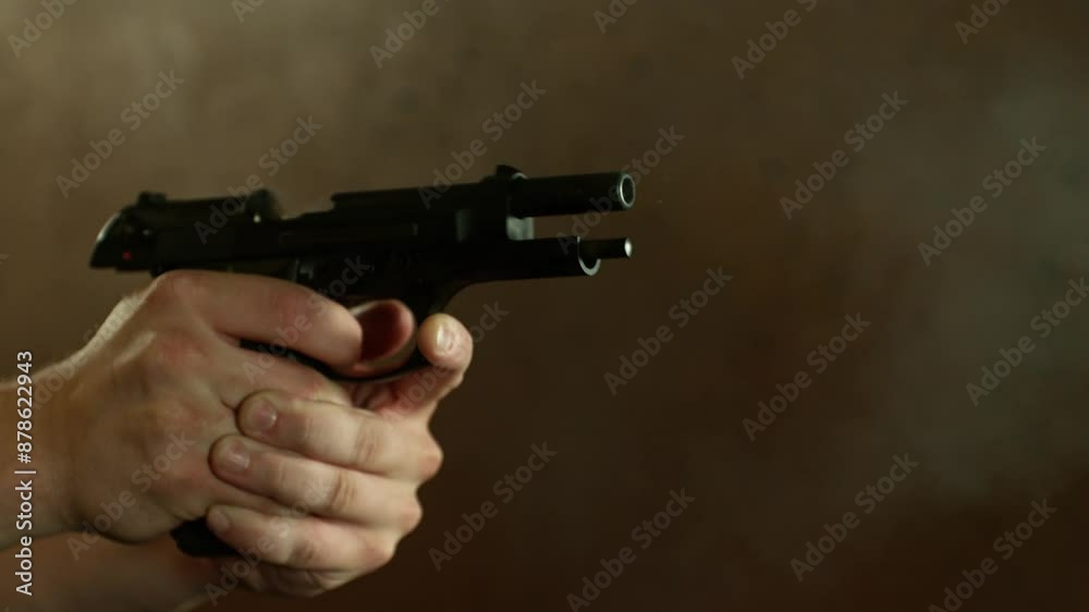 Man Shooting a Pistol on Dark Background . Super Slow Motion Filmed on High Speed Cinematic Camera at 1000 fps Man Shooting a Pistol on Dark Background . Super Slow Motion Filmed on High Speed Cinematic Camera at 1000 fps