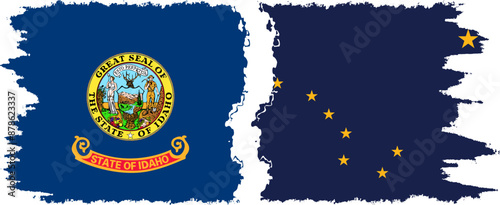 Alaska and Idaho states grunge brush flags connection, vector