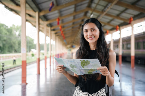 Young traveler smiles as she waits with a map at the train station, eager for her next adventure