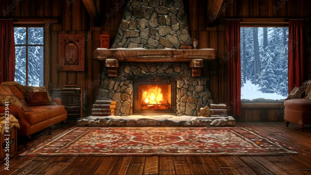 Warm cozy cabin interior with roaring fireplace and rustic furniture during winter. Home interior concept