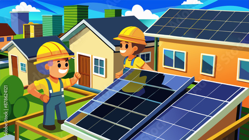 Two people are working on a solar panel. The woman is smiling and the man is wearing a hard hat