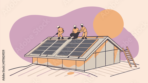 Two people are working on a solar panel. The woman is smiling and the man is wearing a hard hat