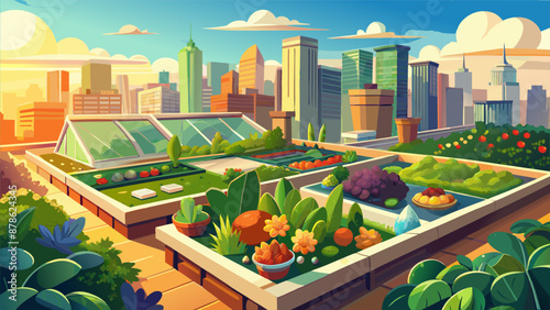 A cityscape with a garden on top of a building. The garden is filled with various plants and trees, including a few potted plants. The sky is blue and the sun is shining brightly