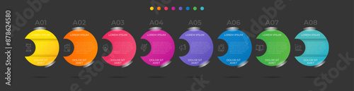 Vector infographic with colorful circles and icons on the black background. Business modern concept with 8 parts, steps. Used for charts, graphs, diagrams, workflow layout, web