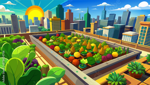 A cityscape with a garden on top of a building. The garden is filled with various plants and trees, including a few potted plants. The sky is blue and the sun is shining brightly