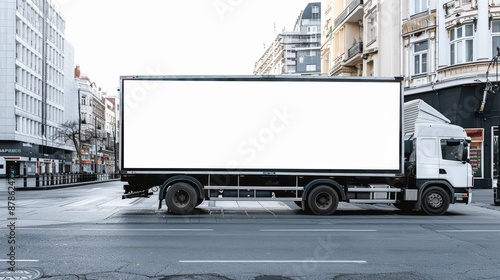 White Truck with Blank Ad Space on City Street.