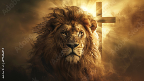 Majestic Lion with Cross in Radiant Light, Symbolic Digital Art, Lion of Judah