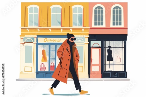 A chic individual walks past high-end boutiques, exuding confidence and style. The oversized sunglasses and statement coat make a bold fashion statement.