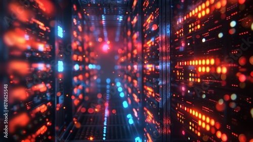 A detailed 3D illustration of a network server room, with rows of servers and blinking lights, representing the infrastructure of a digital network.