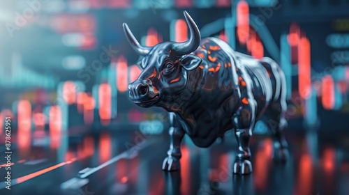 Metallic Bull Statue Against a Blurred Stock Market Background © nomesart