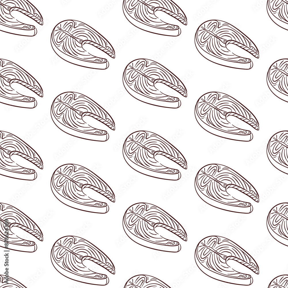 Salmon steak pattern in line art style. Design illustration for menu restaurant, website, banner, packaging. Vector illustration on a white background. Salmon steak pattern in line art style. Design illustration for menu restaurant, website, banner, packaging. Vector illustration on a white background.