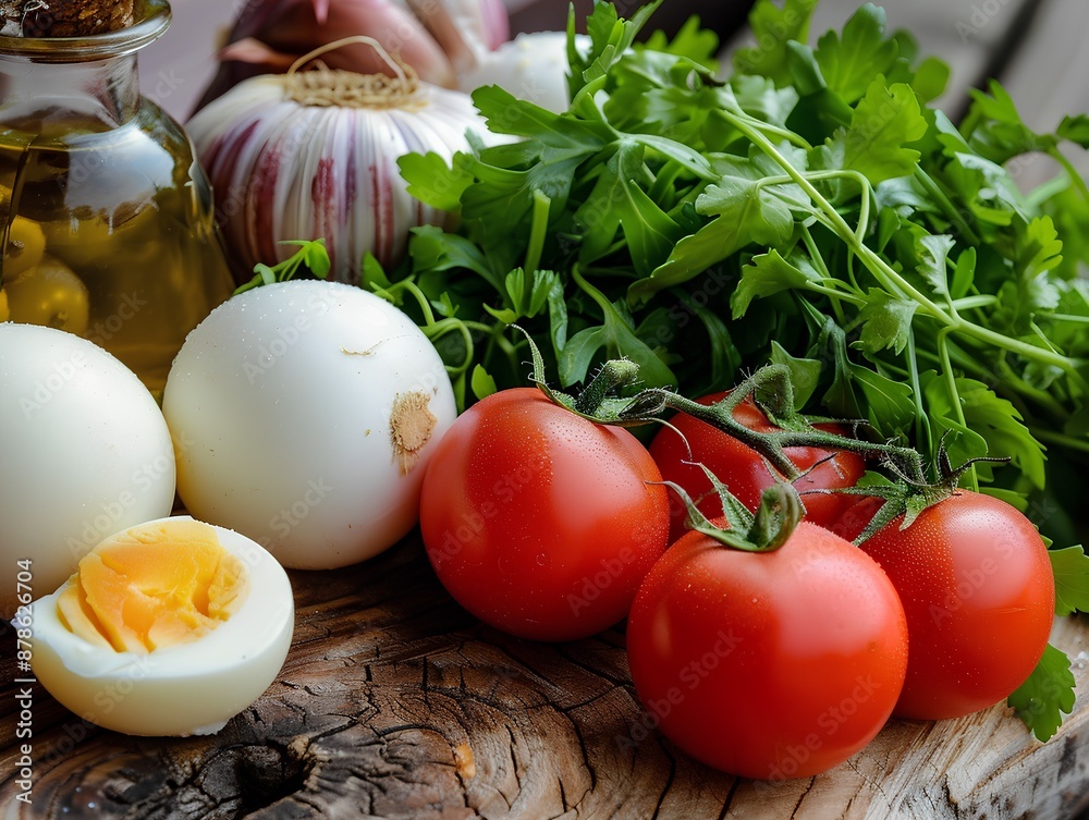 A photo of vegetables, eggs and olive oil on the table with tomatoes in hand. A traditional Greek salad made from cherry tomato, onion, egg yolk, green leafy greens such as arugula or watercress and f