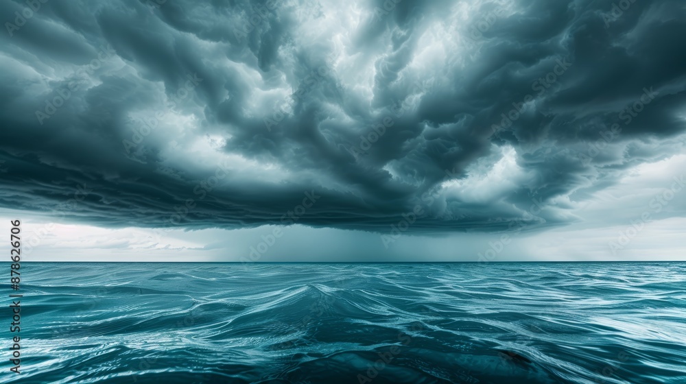 Fototapeta premium Moody ocean scene with ominous storm clouds rolling in, showcasing the raw power and beauty of nature before a storm, high-definition quality, focus cover all object