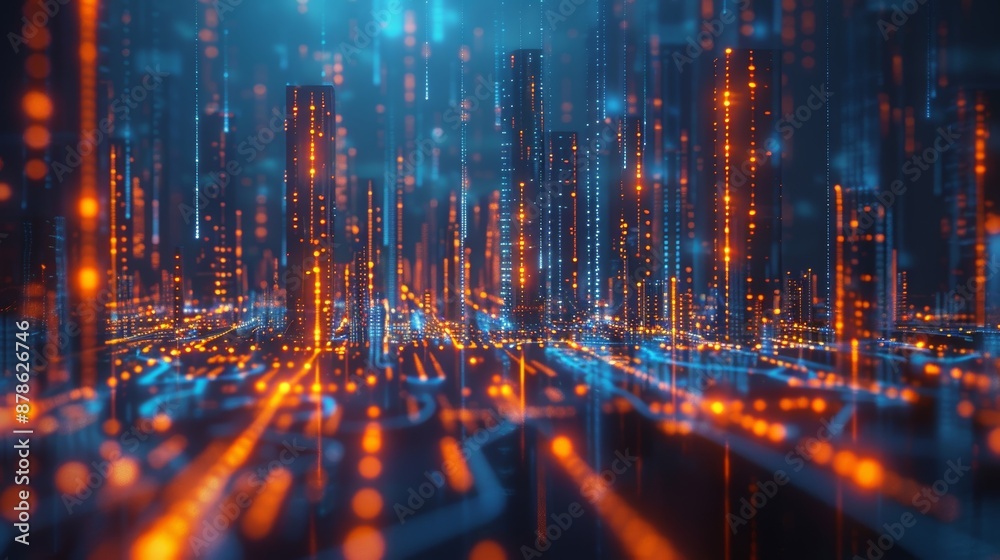 Obraz premium A futuristic 3D illustration of a city skyline with data streams and connections between buildings, showcasing the concept of a smart city.