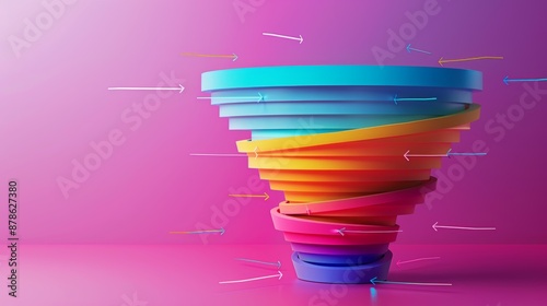 A dynamic 3D illustration of a marketing funnel, with different stages represented by colorful layers and arrows indicating the customer journey.