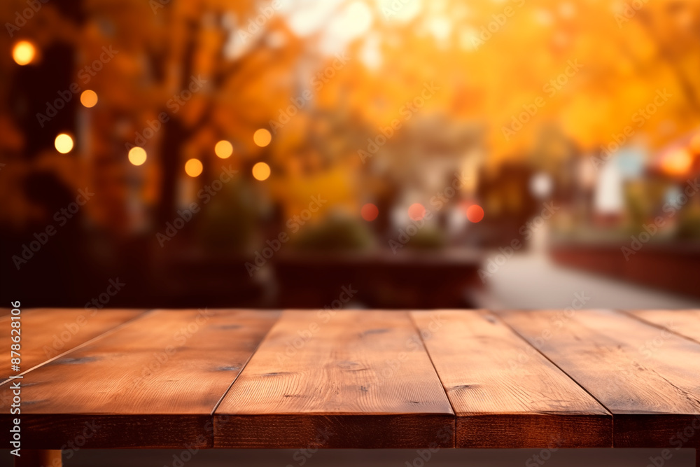 Empty wooden table in front autumn leaves trees in park blurred background banner for product display in a coffee shop, local market or bar Empty wooden table in front autumn leaves trees in park blurred background banner for product display in a coffee shop, local market or bar