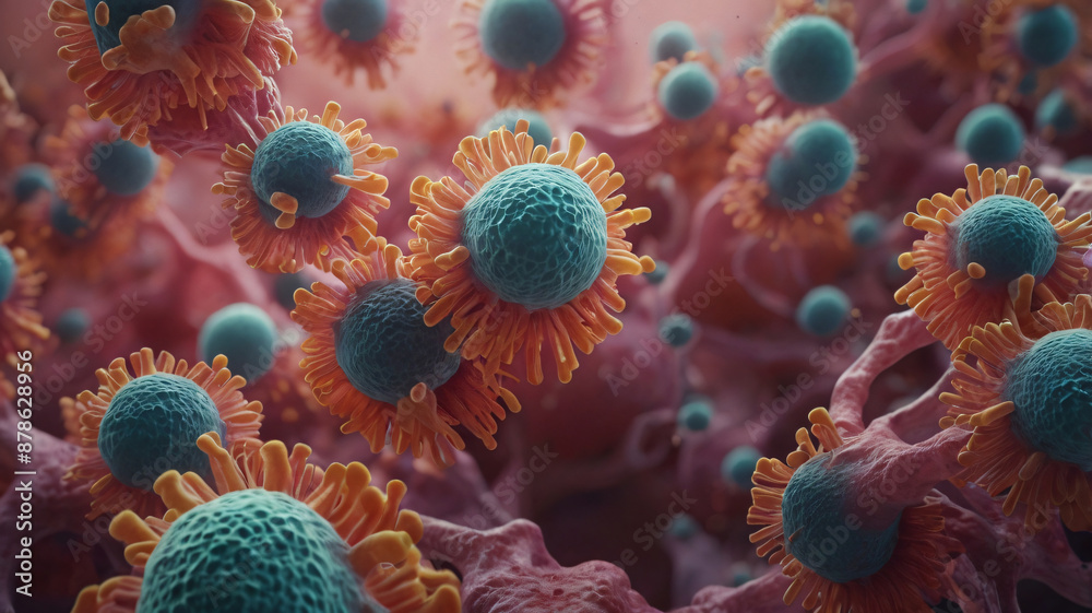 Naklejka premium cancer cells, long covid virus, tuberculosis disease, biopsy and surgery, air pollution concept