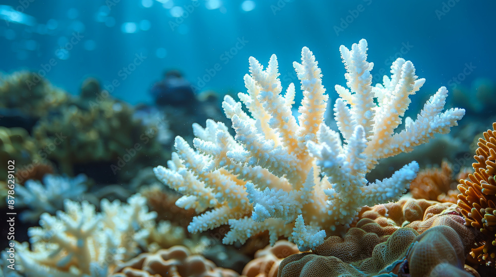 Obraz premium Coral Bleaching Underwater Scene. Close-up of coral bleaching, showing the stark contrast between healthy and damaged corals, highlighting the impact of climate change on marine life.