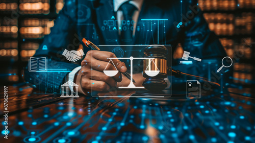 Lawyer Writing with Digital Legal Icons. Lawyer writing with a pen on a desk, surrounded by digital legal icons, representing the modern intersection of law and technology in a professional setting.