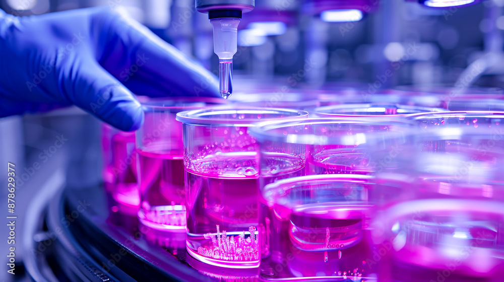 Technician Handling Bio-Reactor with Precision. A technician in a laboratory setting carefully handles a bio-reactor, with vibrant pink liquid inside, showcasing scientific research and innovation.
