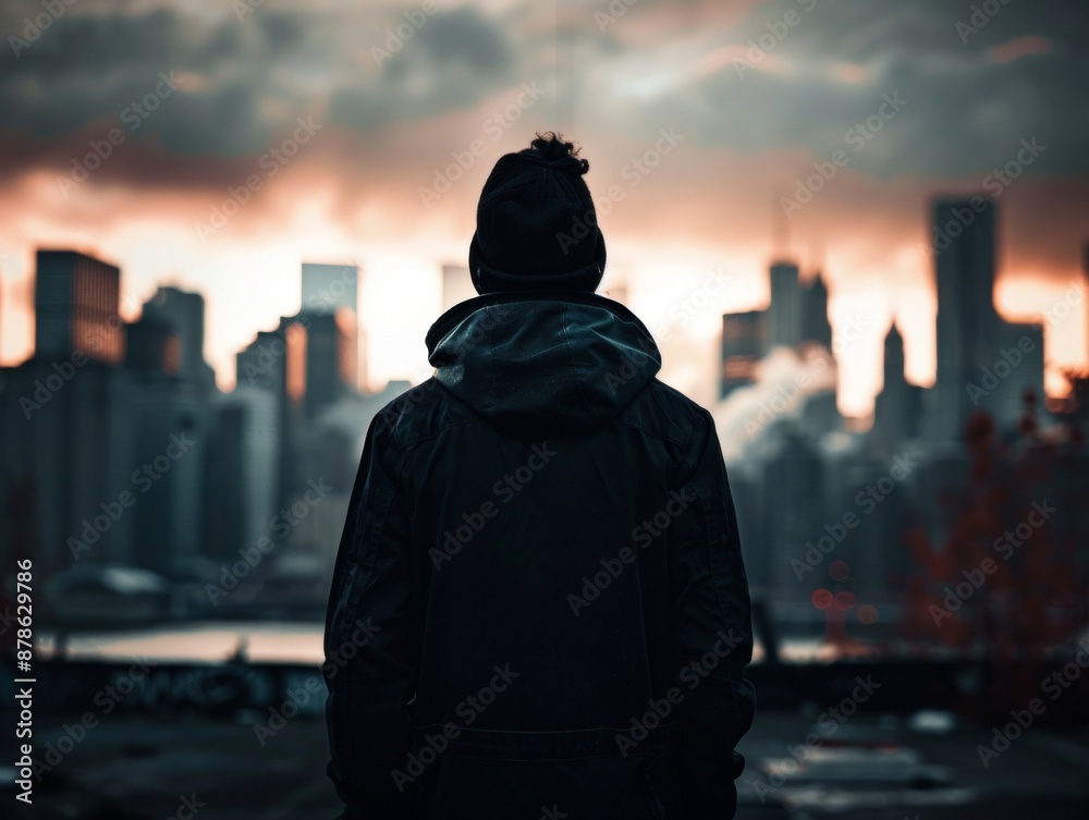 A person in a dark jacket and beanie gazes at a city skyline during dusk, with dramatic clouds and warm, fading light. A person in a dark jacket and beanie gazes at a city skyline during dusk, with dramatic clouds and warm, fading light.