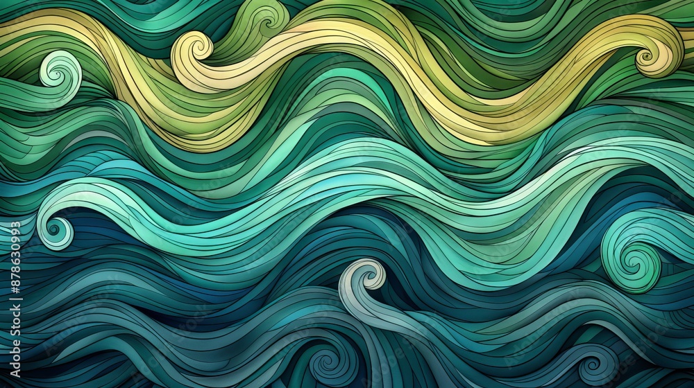 The image is a colorful abstract painting. It has a wave-like pattern, with shades of blue, green, and yellow. The image is a colorful abstract painting. It has a wave-like pattern, with shades of blue, green, and yellow.