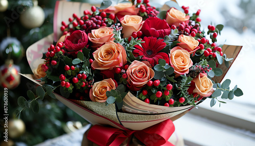A beautiful bouquet of red and orange roses, with eucalyptus and red berries. Perfect for a special occasion!