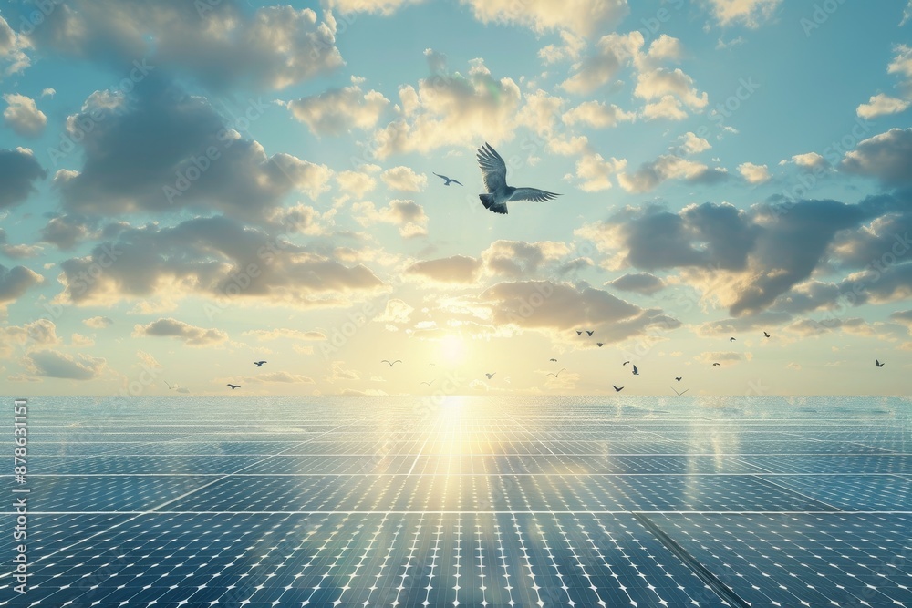 A bird soars over a field of solar panels in the clear sky, Birds ...
