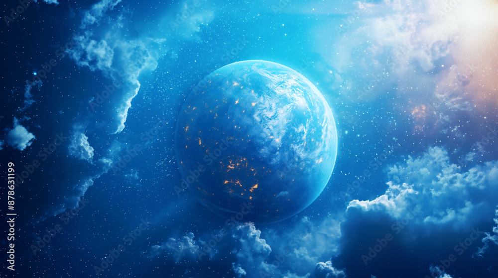 Stunning image of a vibrant planet surrounded by clouds and starry sky with sunlight beaming from the side. Stunning image of a vibrant planet surrounded by clouds and starry sky with sunlight beaming from the side.