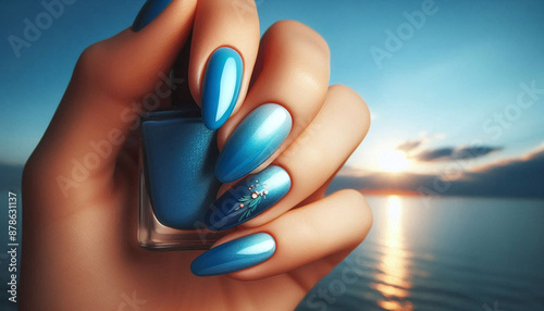 Vivid Blue Nail Polish on Close-up A Glimpse of Summer Sky