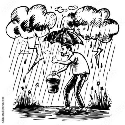 A man under an umbrella collects rainwater in a bucket during a thunderstorm. Vector stroke doodle drawing in the style of a weather cartoon