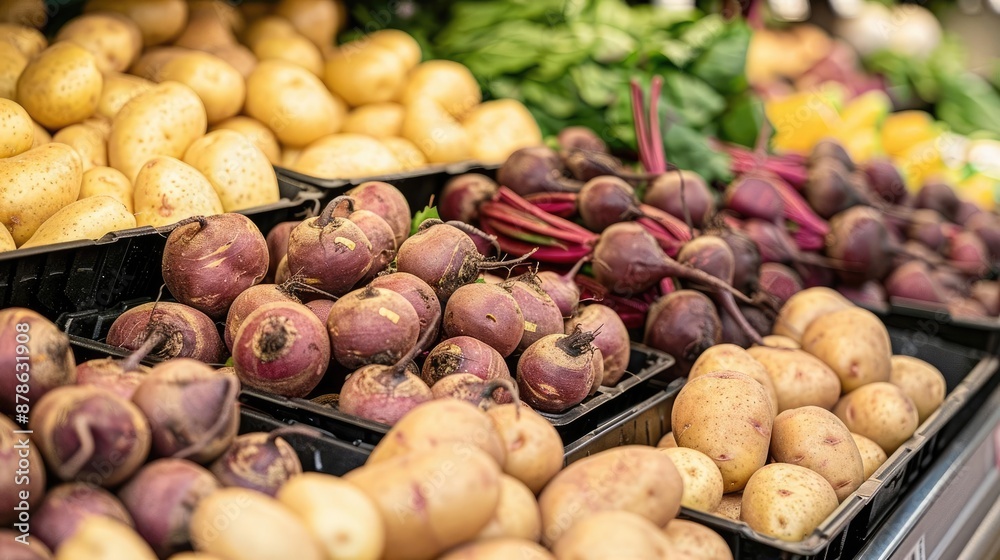Close-up of a variety of root vegetables like potatoes and beets in a supermarket, earthy and organic theme Close-up of a variety of root vegetables like potatoes and beets in a supermarket, earthy and organic theme