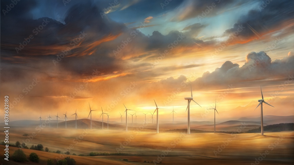 A field of wind turbines with a large sun in the sky A field of wind turbines with a large sun in the sky