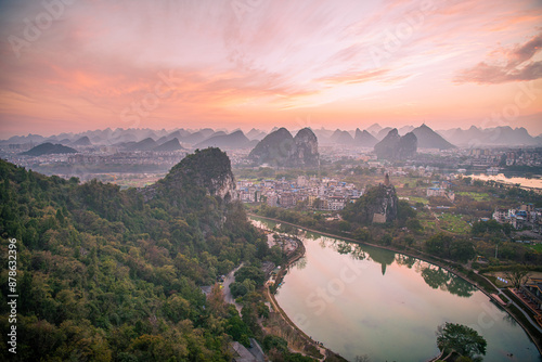 City buildings and mountains scenery in Guilin, Guangxi, China photo