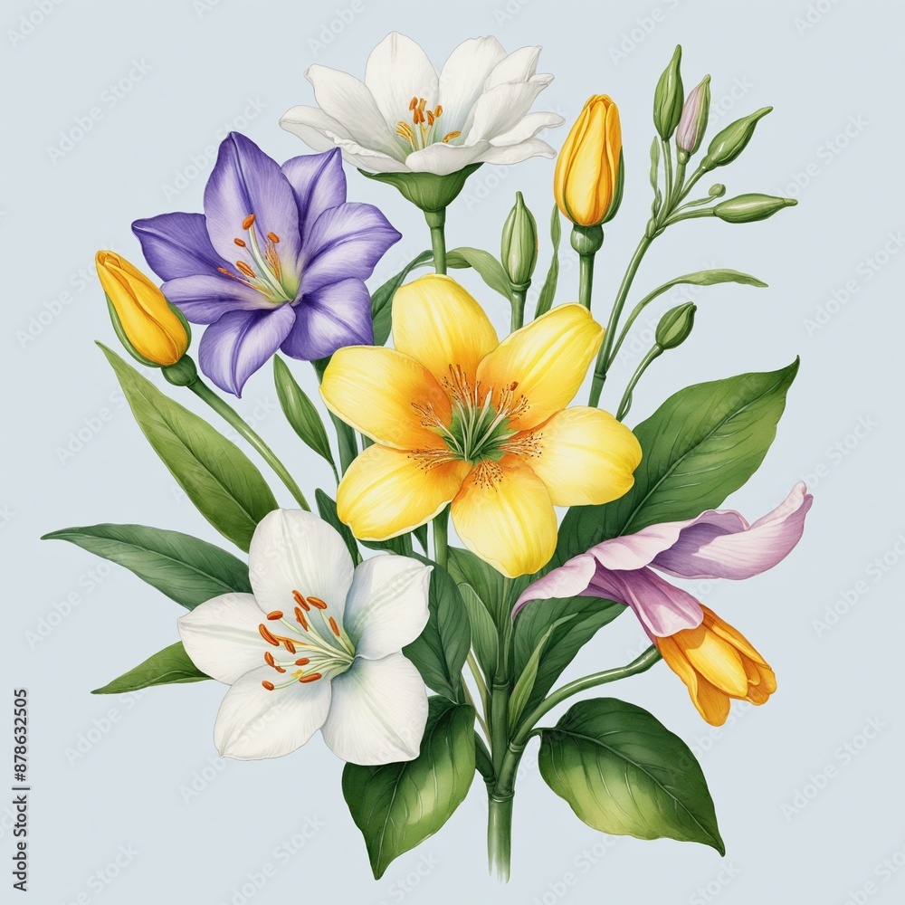 Fototapeta premium Watercolor floral bouquet of spring blooms isolated on a white background
