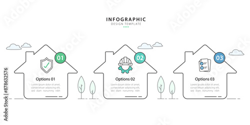 Infographic 3 Step  Flat simple infographics design template. Home management concept with 3 options, House vector illustration.