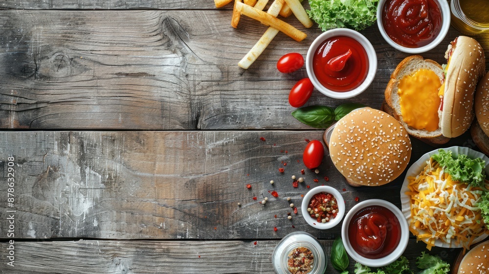 Unhealthy fast food with sauces on wooden table. Top view of various fast foods on the table. Unhealthy fast food with sauces on wooden table. Top view of various fast foods on the table.