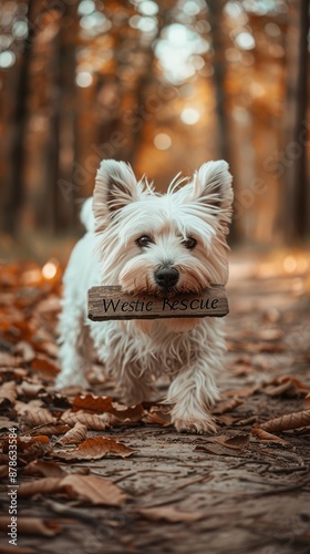 a West Highland White Terrier, looking sad, holding a sign in his mouth that reads Westie Rescue © Pekr