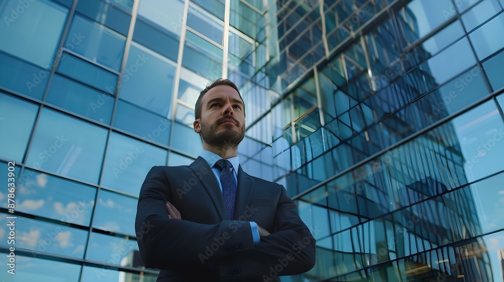A confident and professional looking businessman in a suit and tie stands before a sleek modern office building with a striking glass facade and sharp architectural lines exuding an air of authority A confident and professional looking businessman in a suit and tie stands before a sleek modern office building with a striking glass facade and sharp architectural lines exuding an air of authority