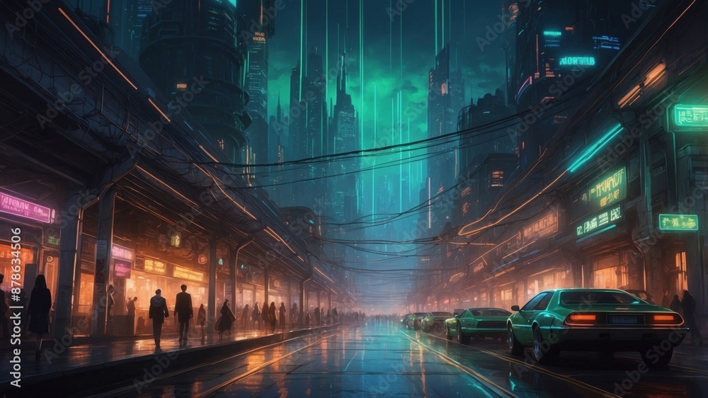Obraz premium Illustration sketches, night cityscape cyber punk style
