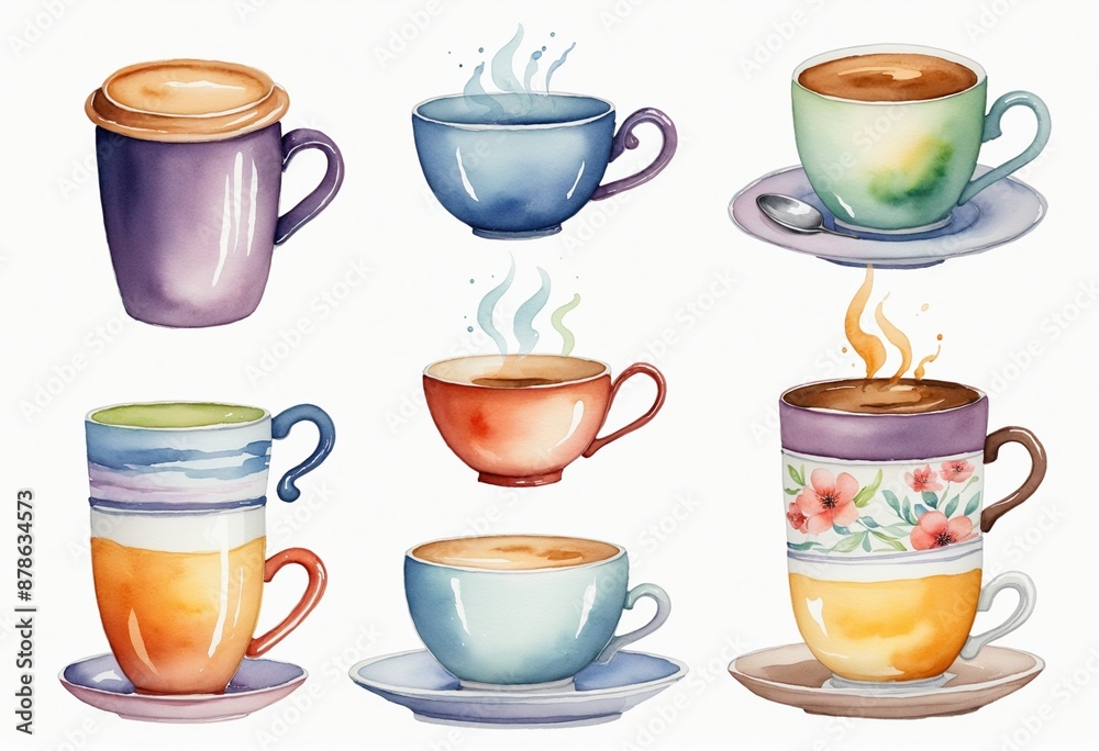 Closeup watercolor painting of a collection of hand-dripped espresso and tea mugs on a white porcelain background, perfect for a cute and vintage beverage illustration Closeup watercolor painting of a collection of hand-dripped espresso and tea mugs on a white porcelain background, perfect for a cute and vintage beverage illustration