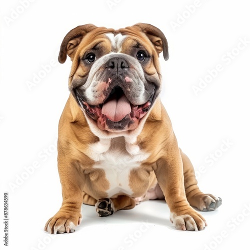 Cheerful bulldog sitting with tongue out on white background.