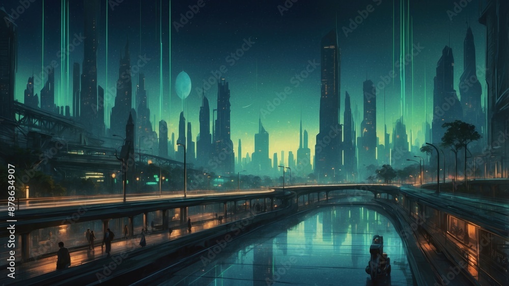 Obraz premium Illustration sketch, night neon futuristic cityscape and highway