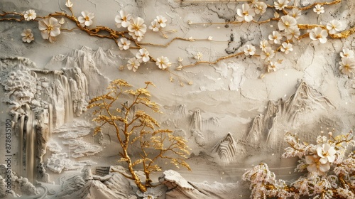 Volumetric stucco molding on a concrete wall with golden elements, a Japanese landscape,