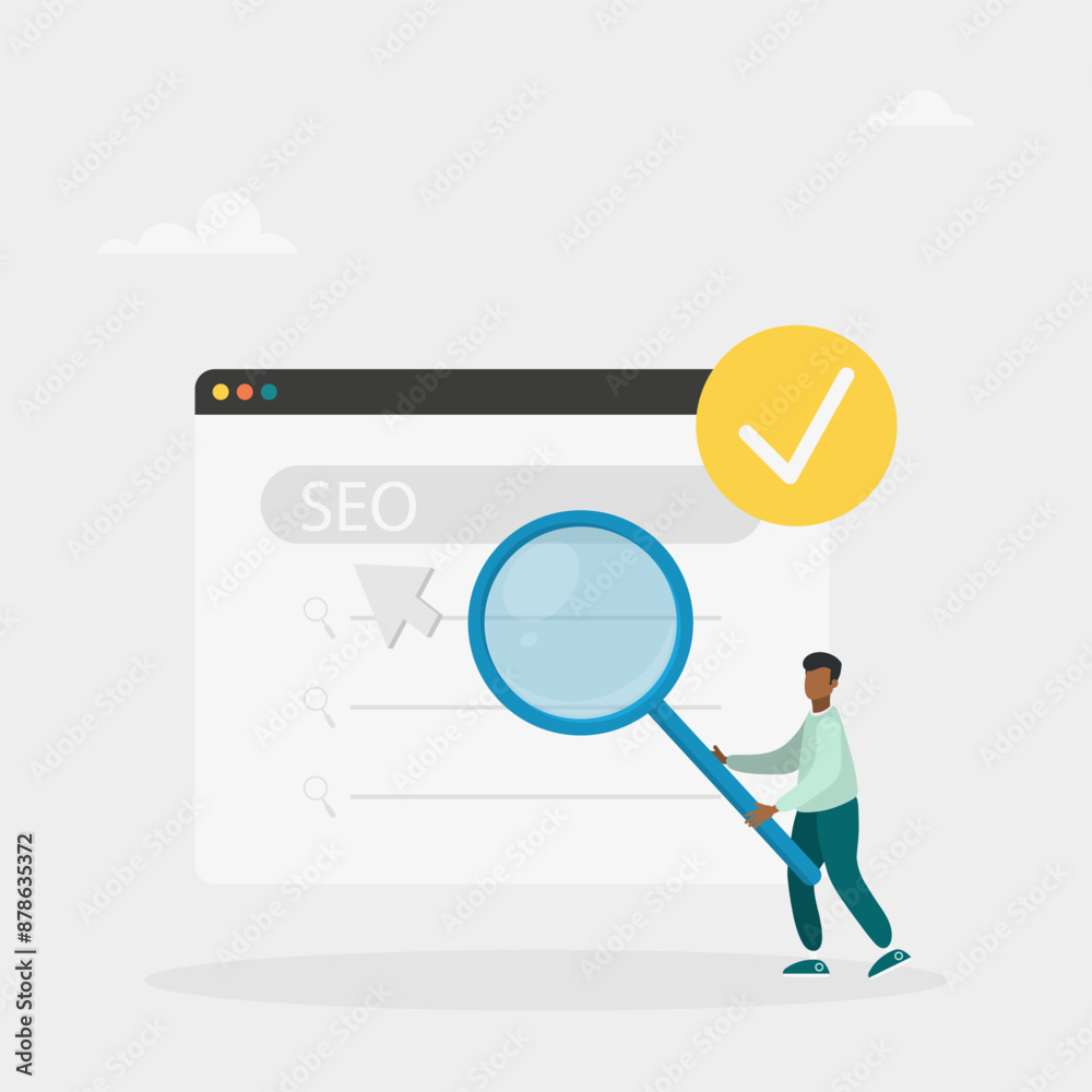 SEO optimization. An analyst who works with website data, analyzes search queries and selects keywords. Vector illustration SEO optimization. An analyst who works with website data, analyzes search queries and selects keywords. Vector illustration