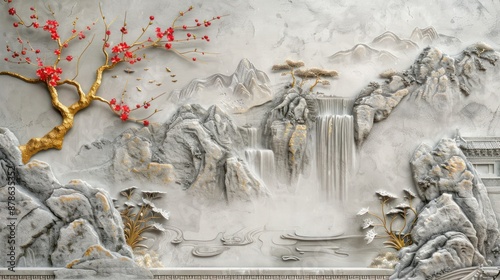 Volumetric stucco molding on a concrete wall with golden elements, a Japanese landscape,
