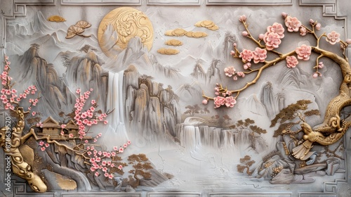 Volumetric stucco molding on a concrete wall with golden elements, a Japanese landscape,
