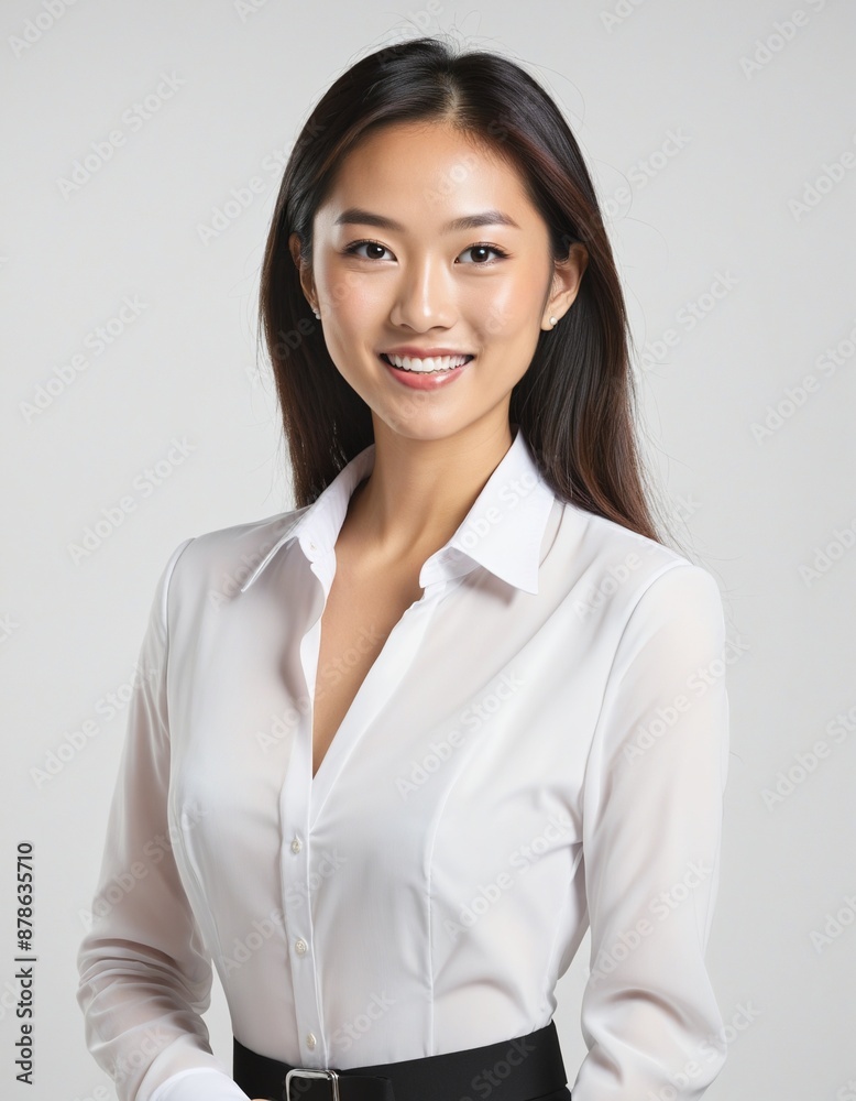 Professional portrait of a confident young Asian businesswoman standing isolated in a studio setting, showcasing her success and modern business acumen Professional portrait of a confident young Asian businesswoman standing isolated in a studio setting, showcasing her success and modern business acumen