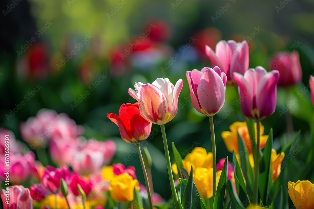 A cluster of vibrant flowers, including daisies and tulips, bloom in tall green grass on a sunny day, Blooming flowers in a vibrant garden A cluster of vibrant flowers, including daisies and tulips, bloom in tall green grass on a sunny day, Blooming flowers in a vibrant garden