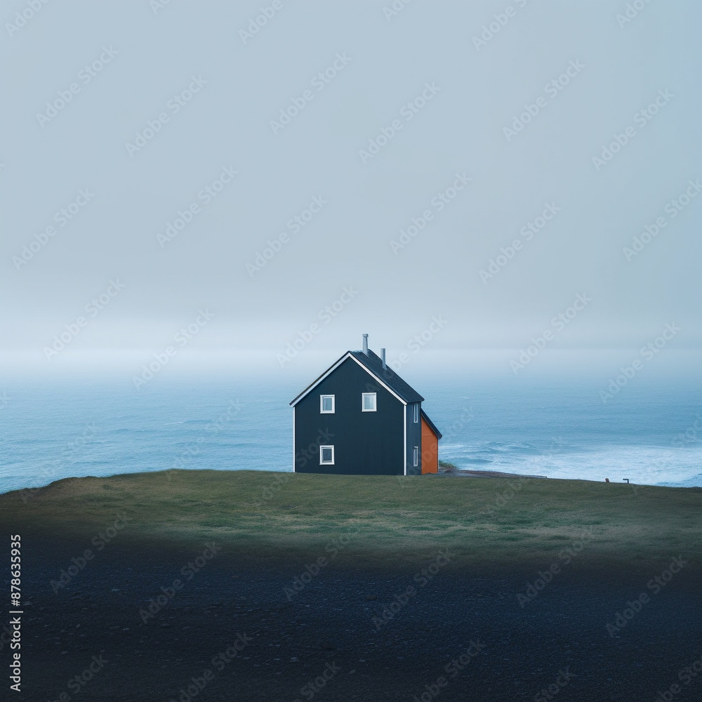 photorealistic shot of tiny minimalistic blue house with ocean in background and black sand in front photorealistic shot of tiny minimalistic blue house with ocean in background and black sand in front